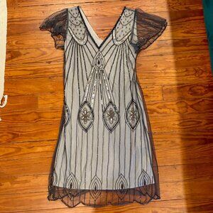 Gatsby Lady Embellished Flapper Dress in Black Silver - NWT